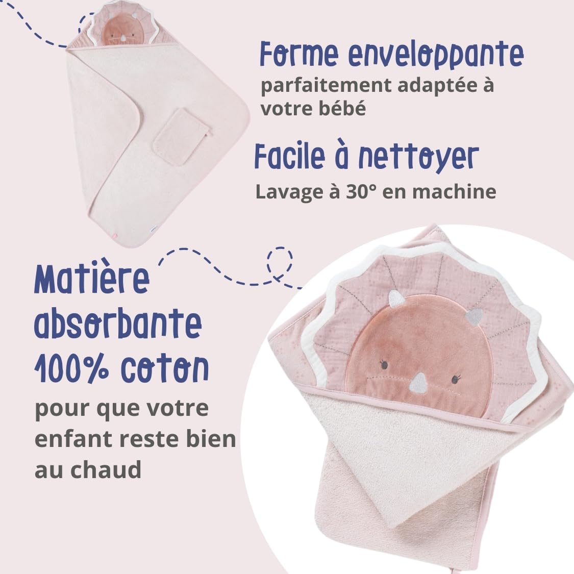 noukies-badeset-frottee-popsie-puderrosa-kapuzenbadetuch-waschhandschuh image 3