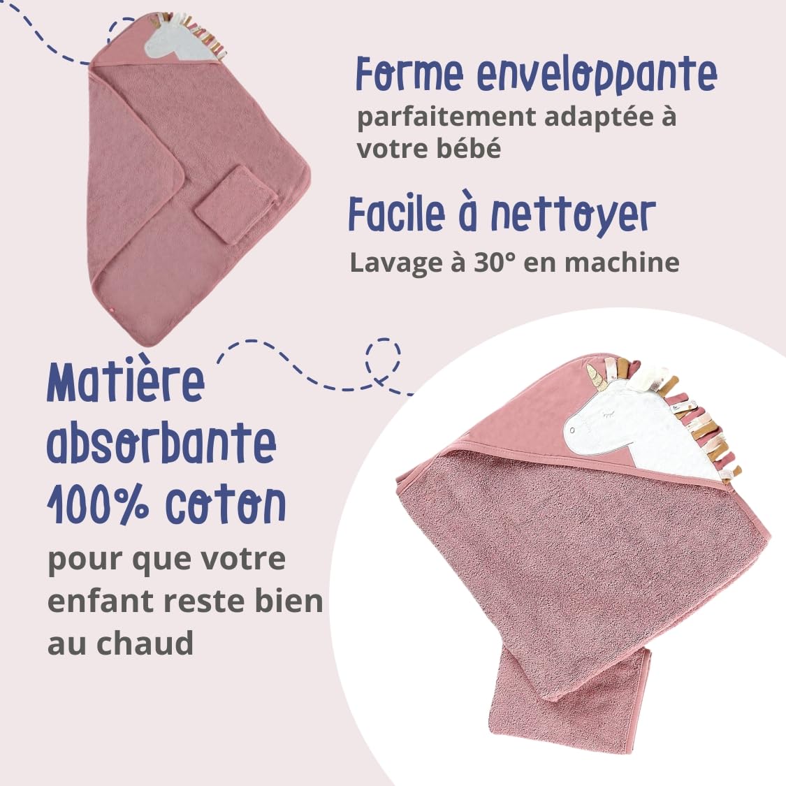 noukies-lina-joy-badset-kapuzenbadetuch-waschhandschuh-ecru-rosa image 3