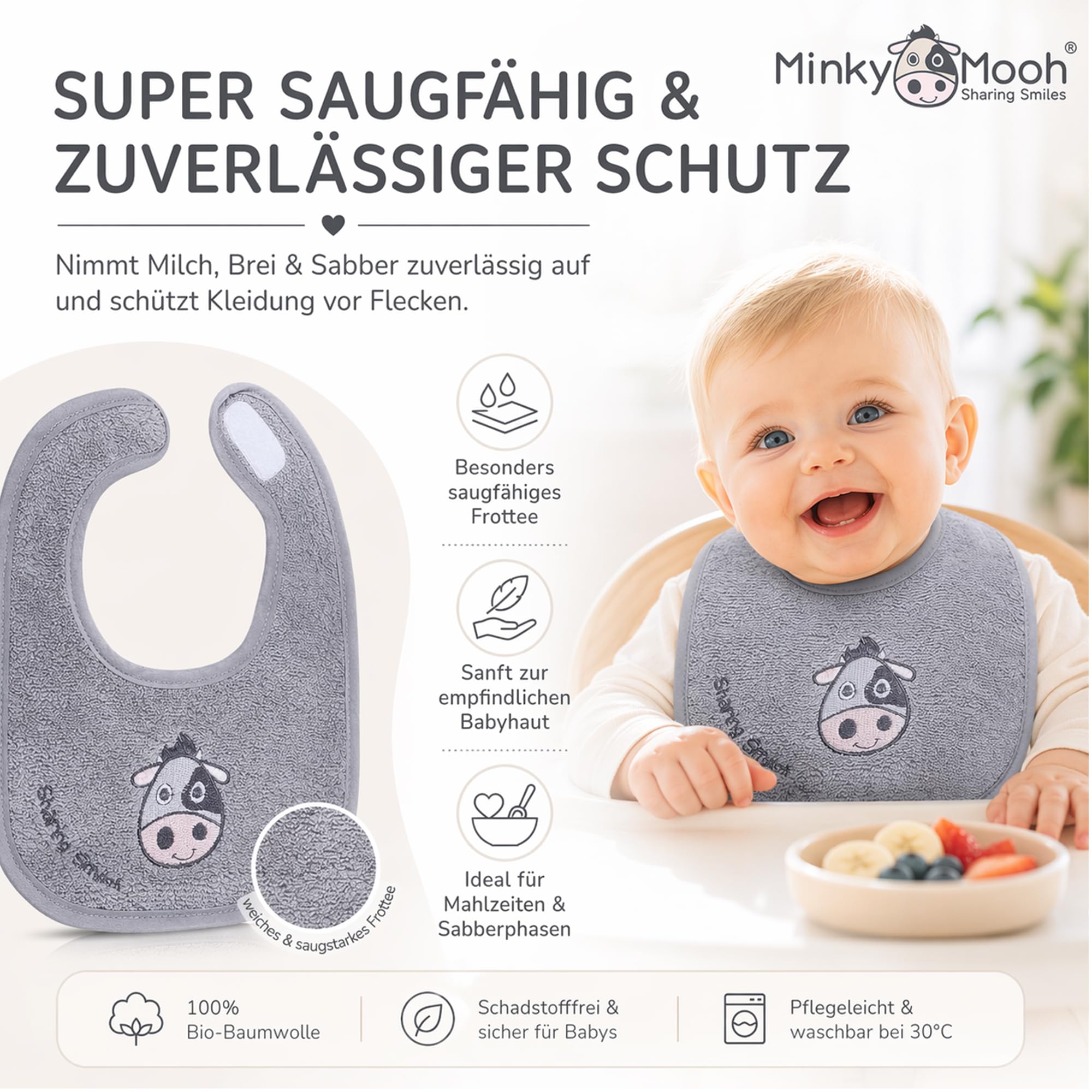 minky-mooh-babyl-tzchen-mit-klettverschluss-aus-bio-baumwolle-20x25-cm-grau image 2