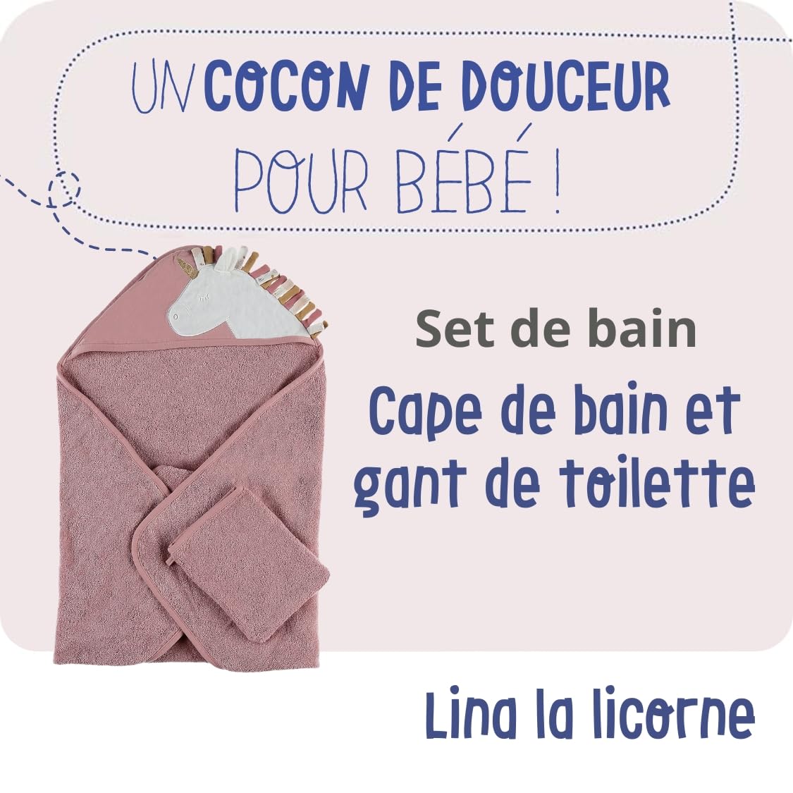 noukies-lina-joy-badset-kapuzenbadetuch-waschhandschuh-ecru-rosa image 2