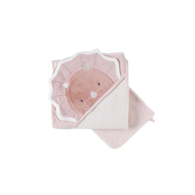 noukies-badeset-frottee-popsie-puderrosa-kapuzenbadetuch-waschhandschuh image 1