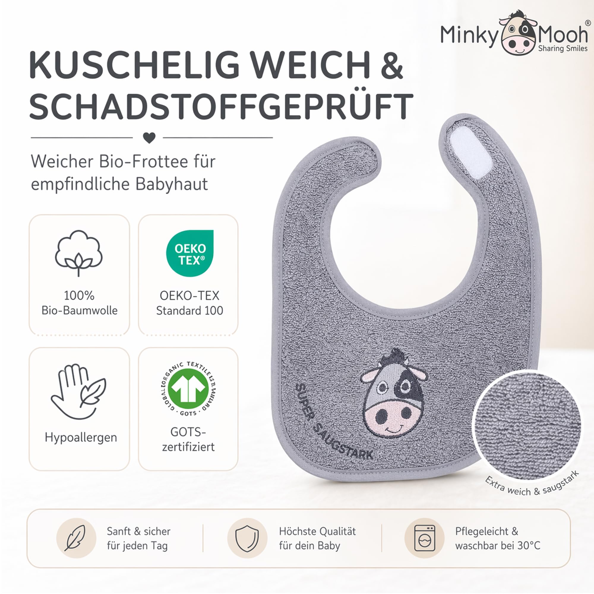 minky-mooh-babyl-tzchen-mit-klettverschluss-aus-bio-baumwolle-20x25-cm-grau image 3