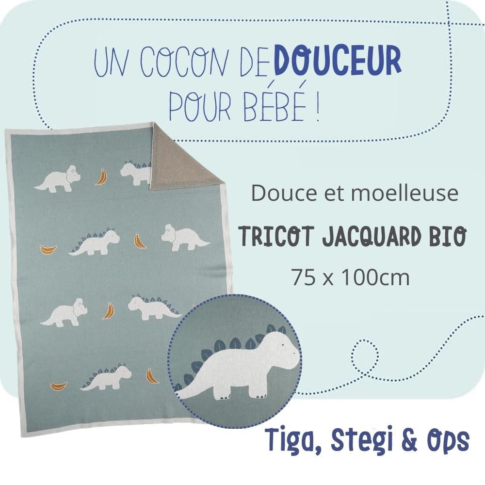 noukies-tiga-stegi-ops-jacquard-decke-75-x-100-cm-gr-n-dinosaurier-stegi-bio image 2