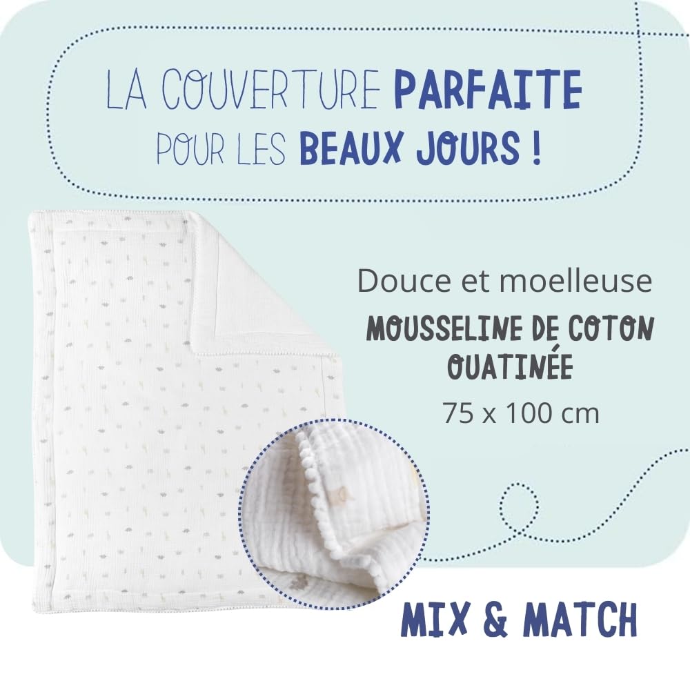noukies-musselin-decke-mix-match-minitiere-ecru-75-x-100-cm image 2