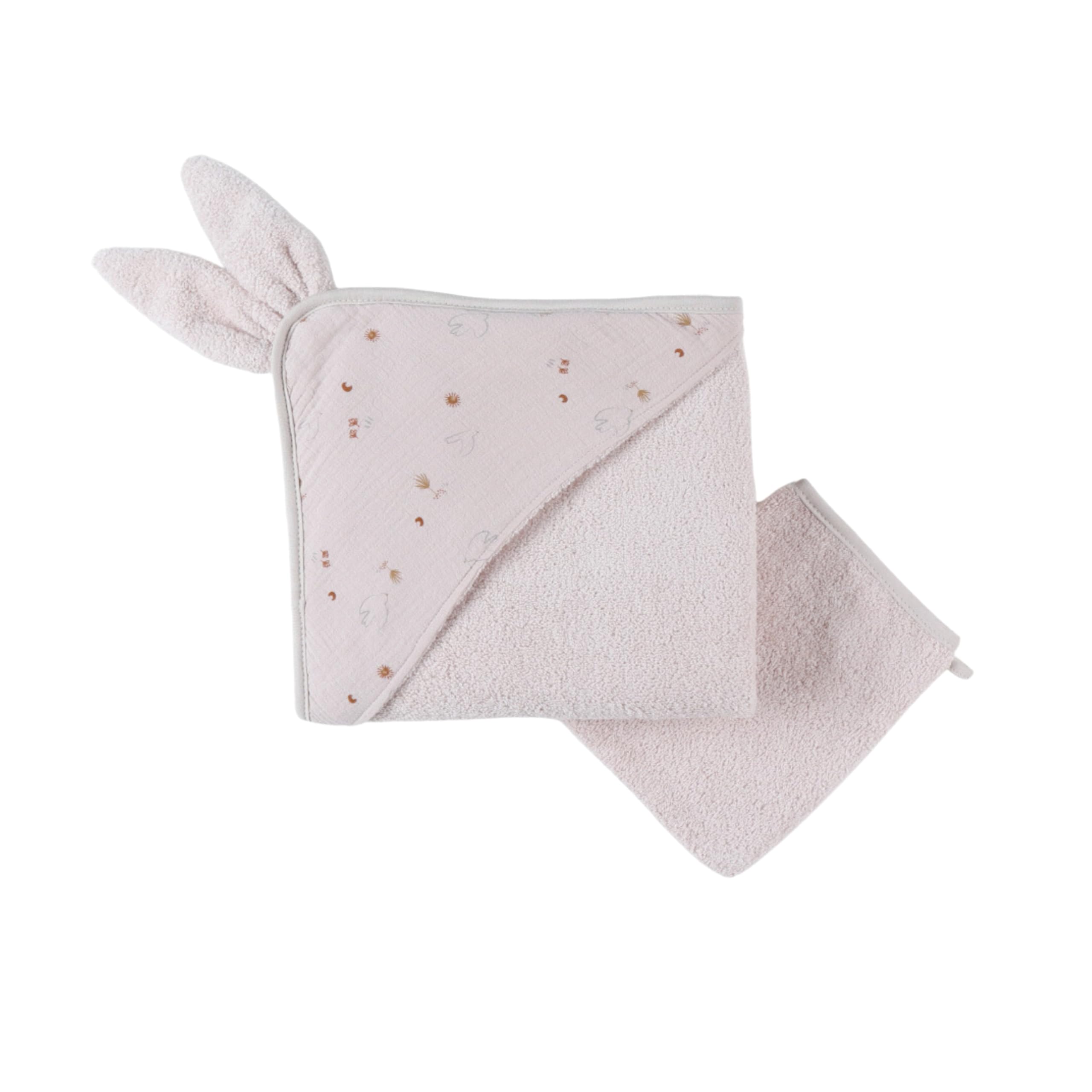 noukies-badeset-frottee-kapuzenbadetuch-handschuh-mokka-hellrosa image 1