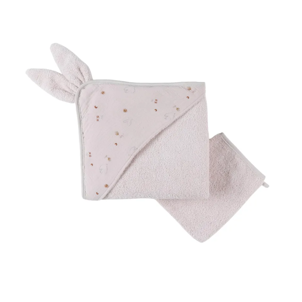 noukies-badeset-frottee-kapuzenbadetuch-handschuh-mokka-hellrosa image 1