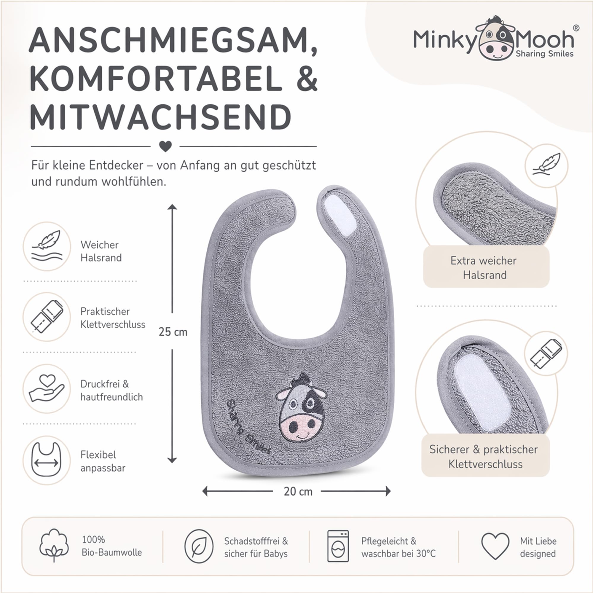 minky-mooh-babyl-tzchen-mit-klettverschluss-aus-bio-baumwolle-20x25-cm-grau image 5